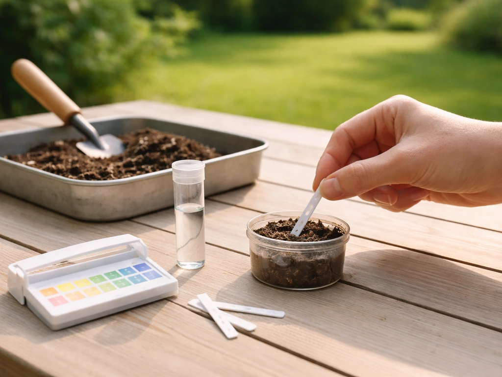 Iemand meet de pH van gazonbodem met een pH-testkit op een eenvoudige tuintafel, met kalkpot op de achtergrond.