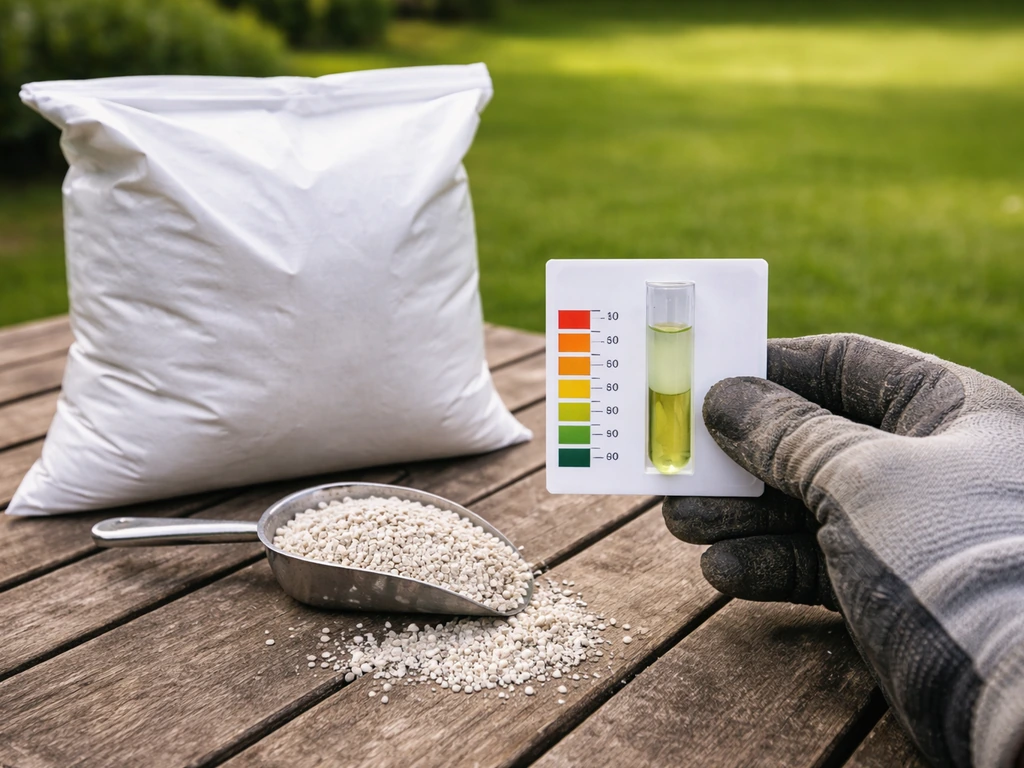 Hand die pH-testkit bekijkt naast een zak landbouwkalk voor gazon voor dosering op meting.