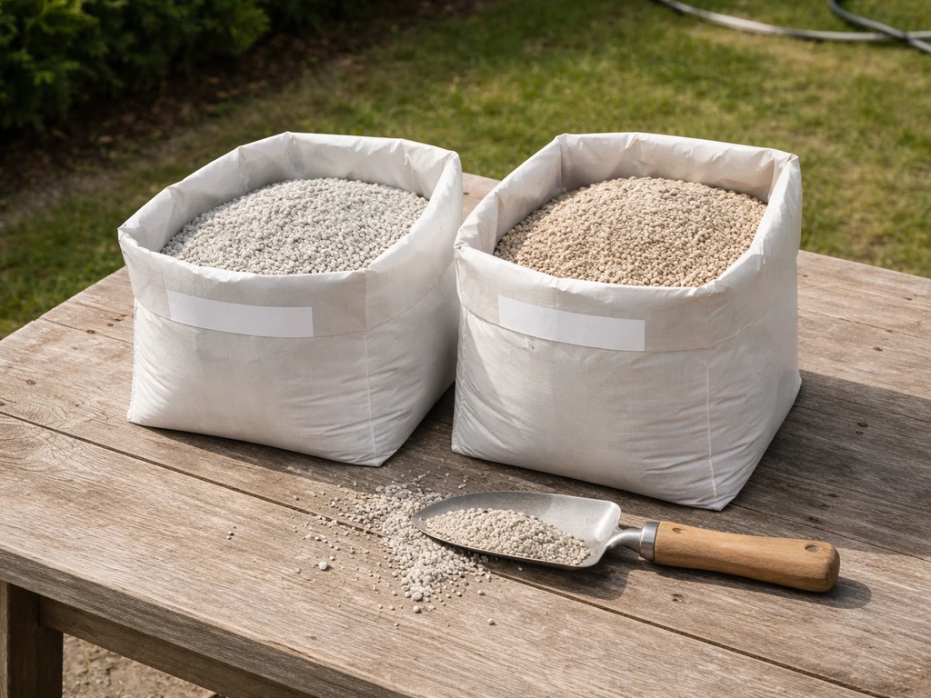 Twee bakken met korrelige kalksoorten naast elkaar op een schaduwrijke oprit, klaar voor het kiezen.