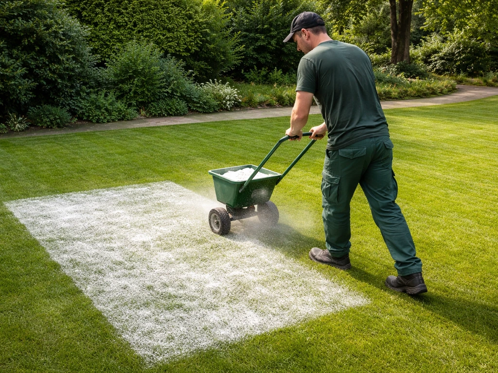 Tuinier strooit kalk over een afgebakend grasvak; het gras toont licht “voor en na” verschil.