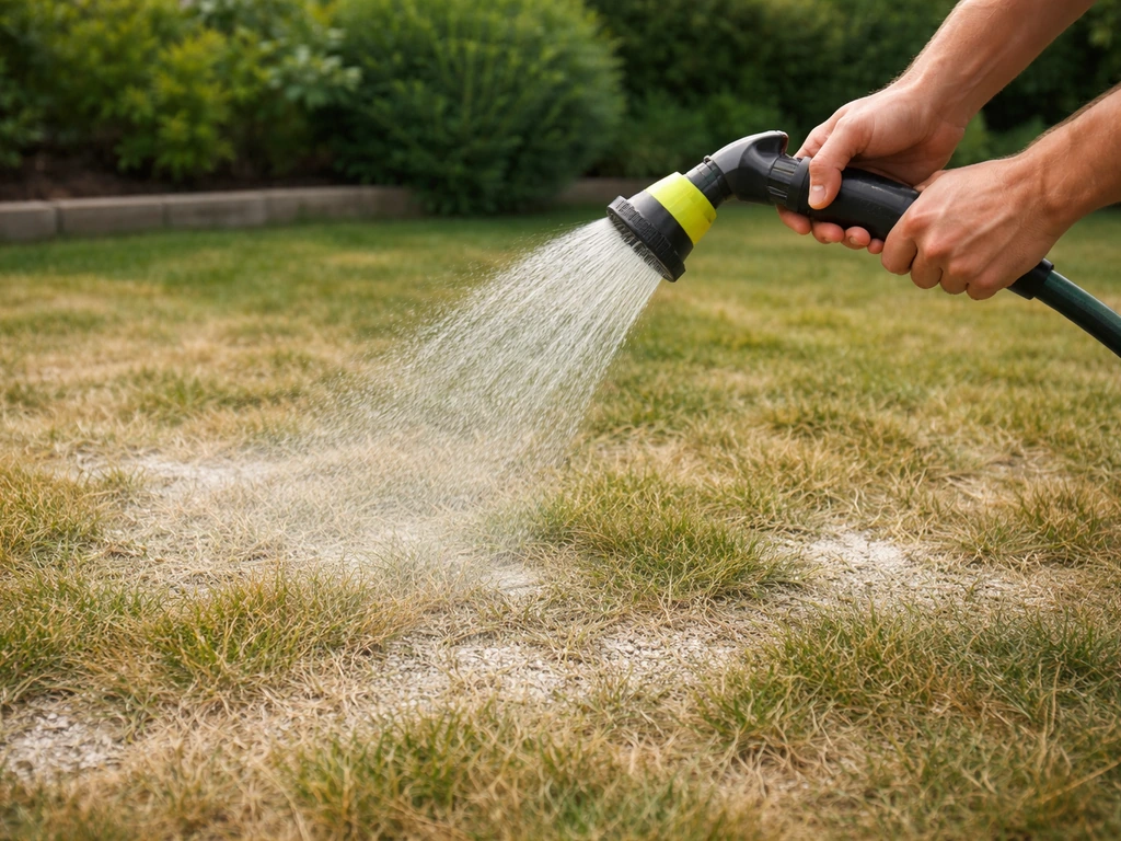 Onpersoonlijk tuinscène: iemand geeft een droog gazon water met een tuinslang na het kalken