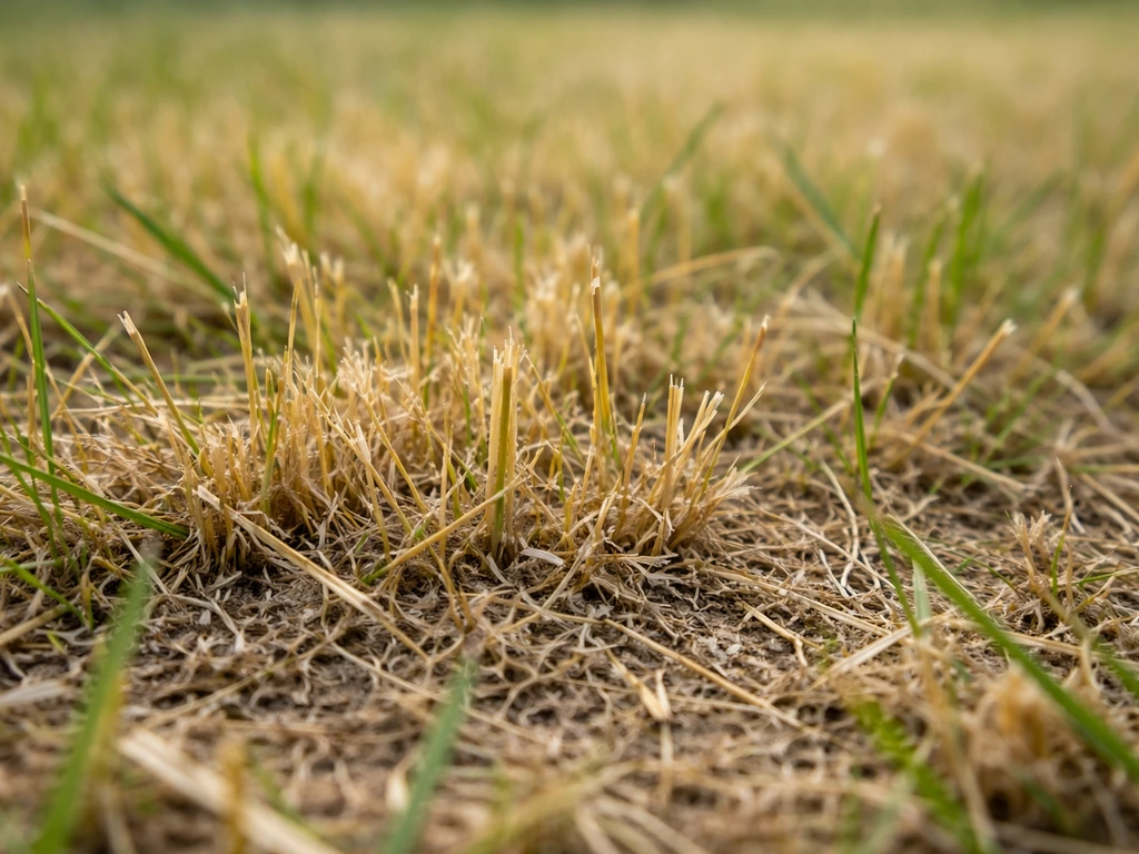 Close-up van geel en slap gras met afgeknipte grassprietjes na te kort maaien.