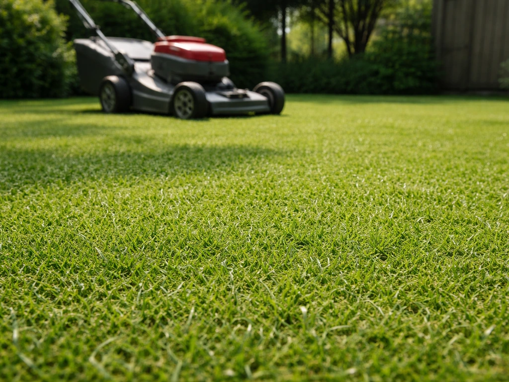 Tuingazon met duidelijk te laag gemaaid gras en een grasmaaier die op een lage maaihoogte staat