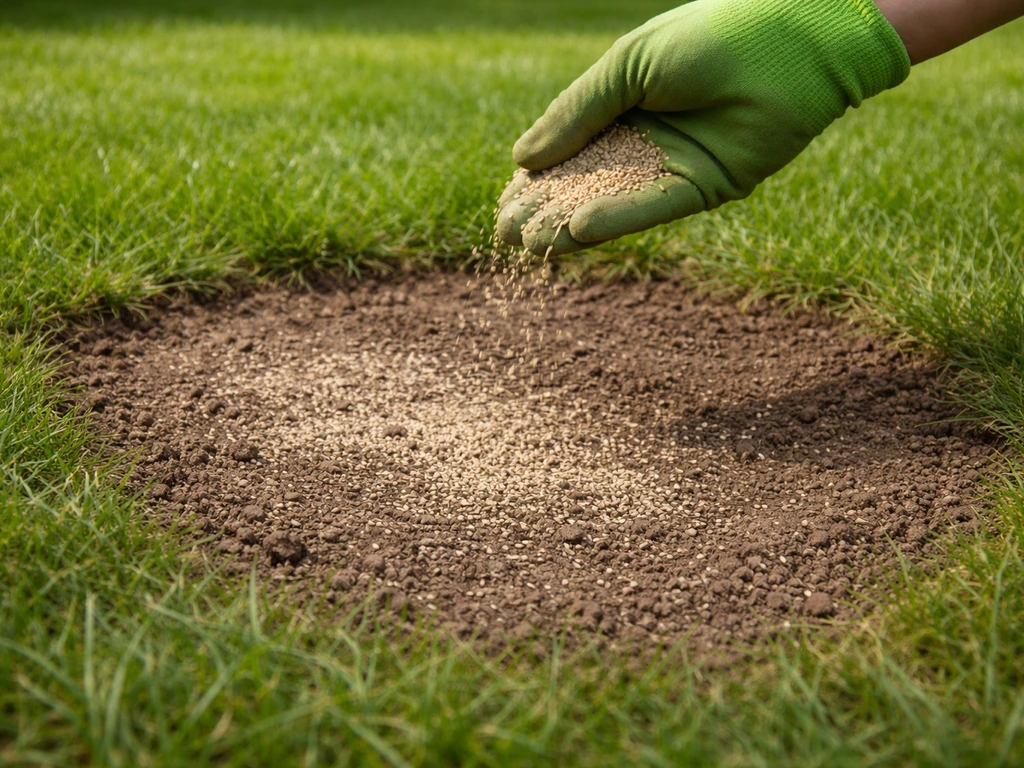 Hand met handschoen strooit graszaad over een opengeharkte kale plek, aarde licht aangedrukt