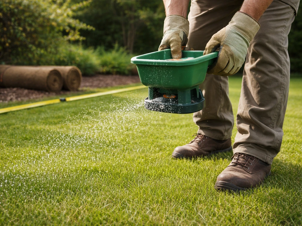 Tuinier in een rustige tuin die mest of kalk gelijkmatig over het gazon strooit met een handstrooier