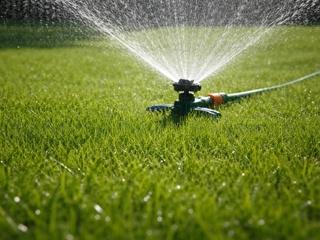 Sproeier geeft gelijkmatige beregening aan een Nederlands gazon, met zichtbare waterdruppels op het gras