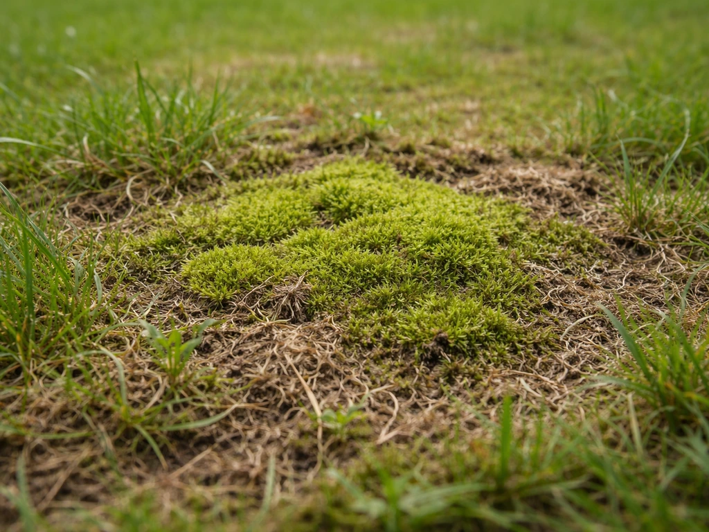 Close-up van een mosplek op een Nederlands gazon met zichtbare viltlaag en ongelijk groeiend gras.