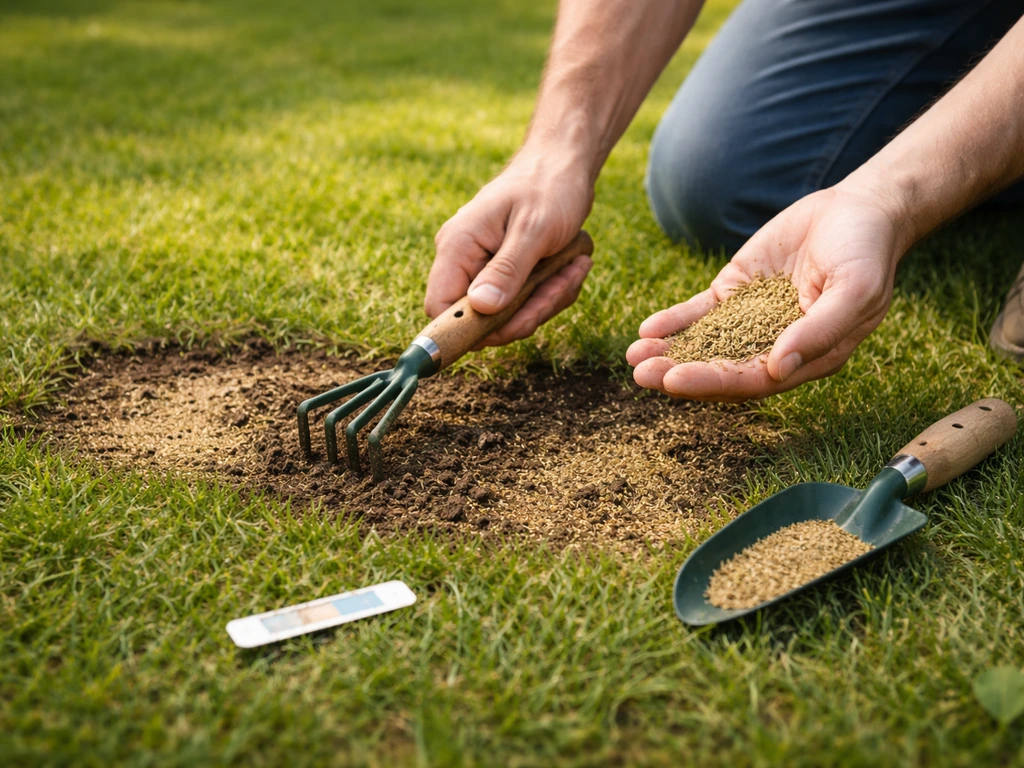 Tuinier die kale en gele plekken bijwerkt met nieuw graszaad, met een pH-teststrook op de bodem