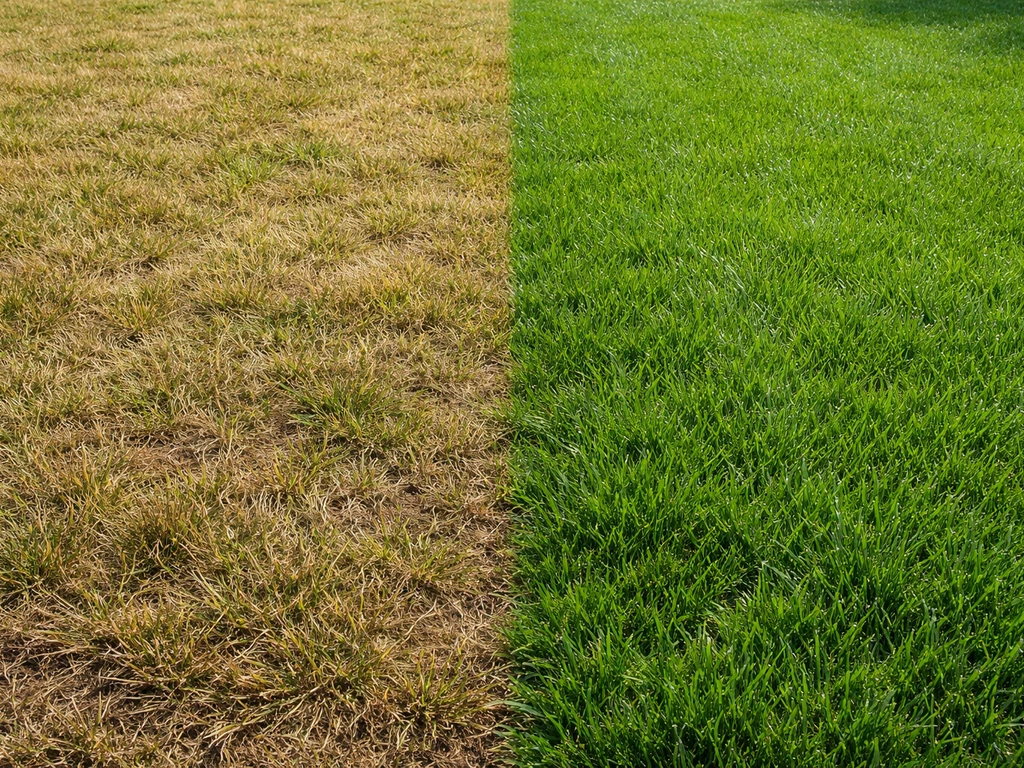 Links dor gras met hangen bladeren, rechts fris groen gras met vochtige, gezonde sprieten in één tuinvak.