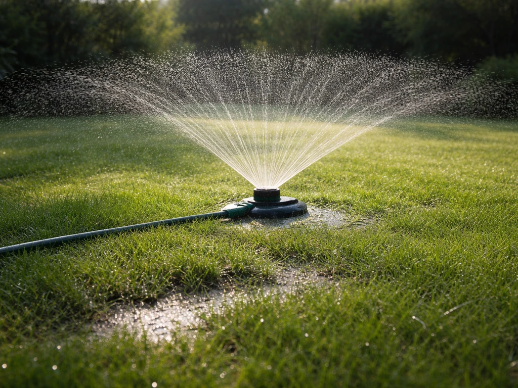 Sproeier op een gazon die gedoseerd water geeft, met natte grasdraadjes in de vroege ochtend.