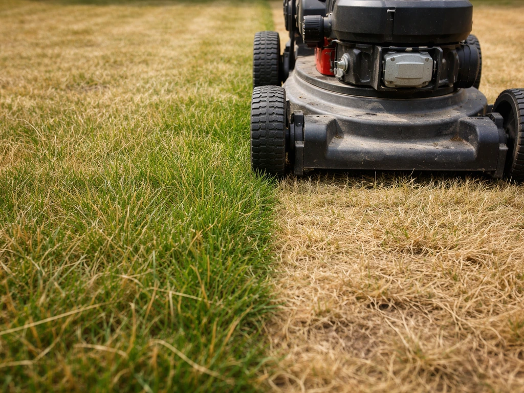 Close-up van een grasmaaier op droog gazon met duidelijk hogere maaihoogte naast een korter gemaaide strook.