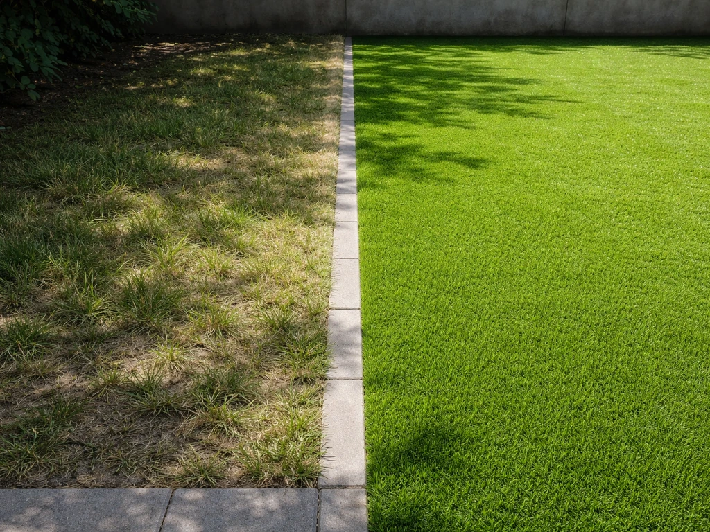 Links droog echt gras in de schaduw, rechts gelijkmatig groen kunstgras in de zon, op één tuinbeeld.