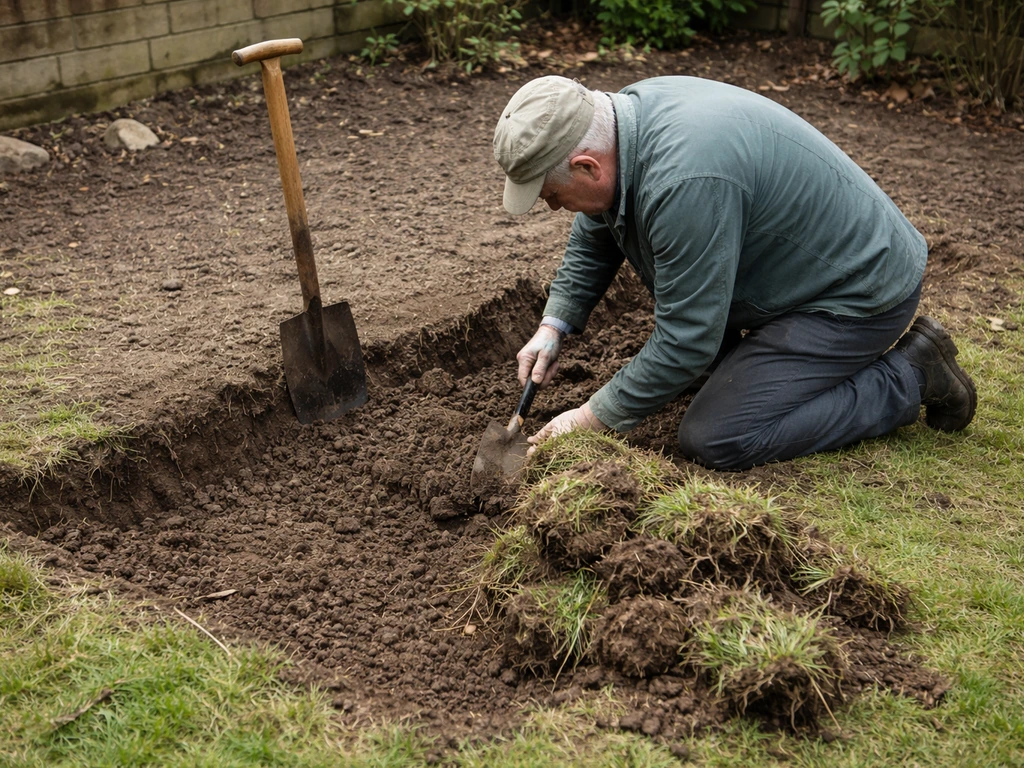 Persoon graaft een tuinperk af en verwijdert gras en wortels; kale aarde met een beperkte, schone omgeving.