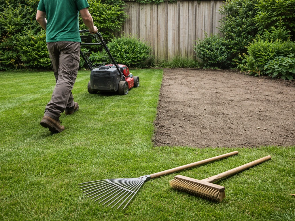 Tuinier maait kort gras en ruitsticht de bodem voor het uitvlakken van een gazon, minimalistische buitenopname.