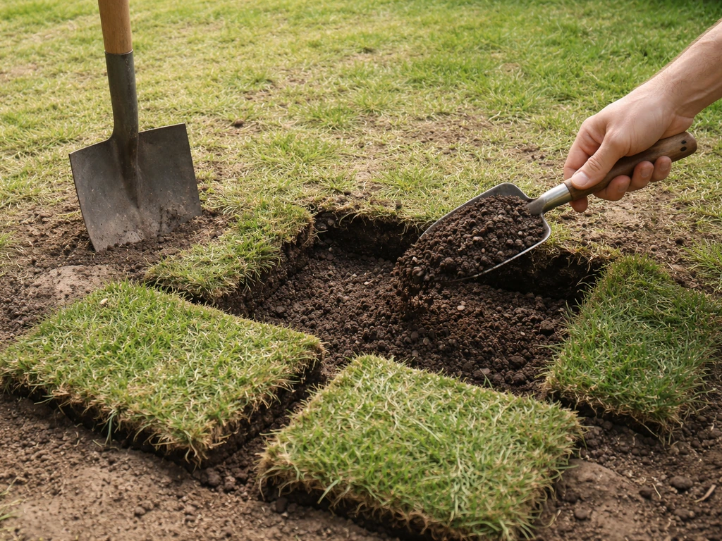 Tuinierstek in een diep kuil met graszoden in kruisvorm teruggeklapt en losse aarde/compost erin