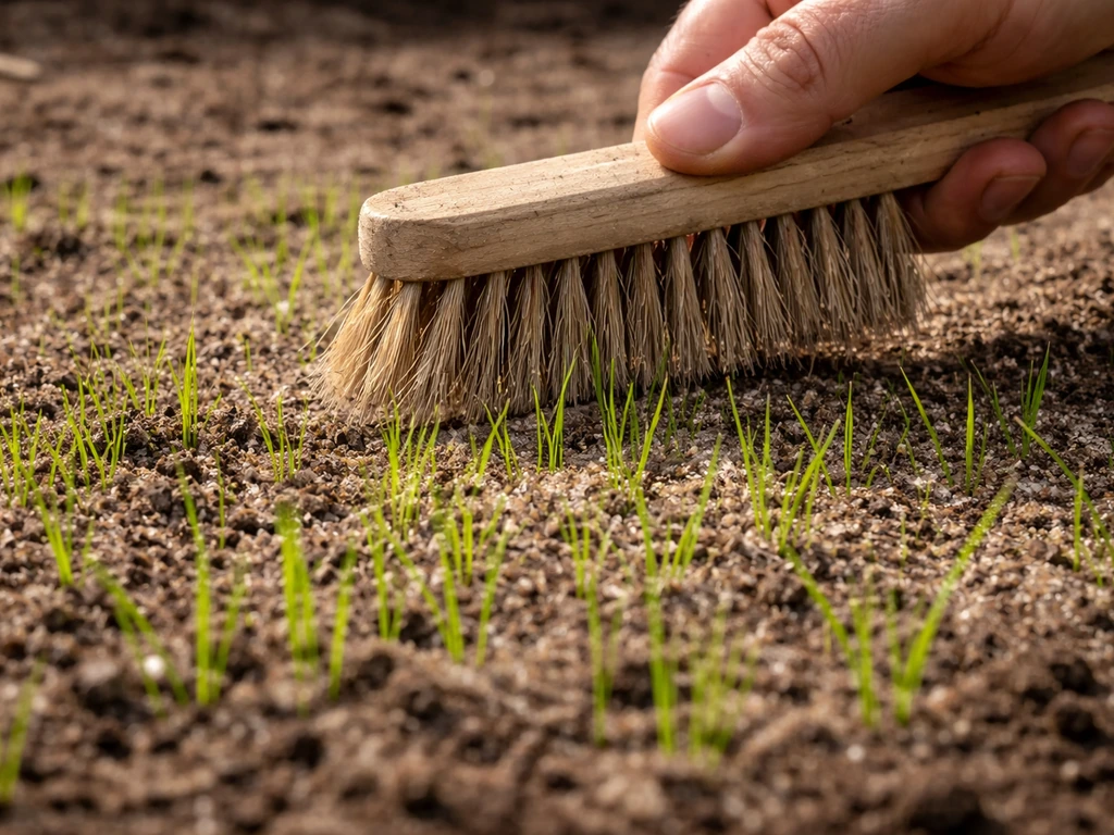 Iemand werkt met een stijve bezem het gras tussen de grassprieten in, met nog zichtbare toppen.