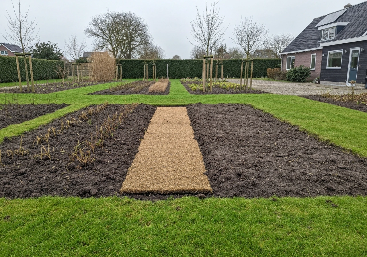 Nieuw gazon in een NL-tuin met zichtbare overgang van omgespitte aarde naar verse grasmat.
