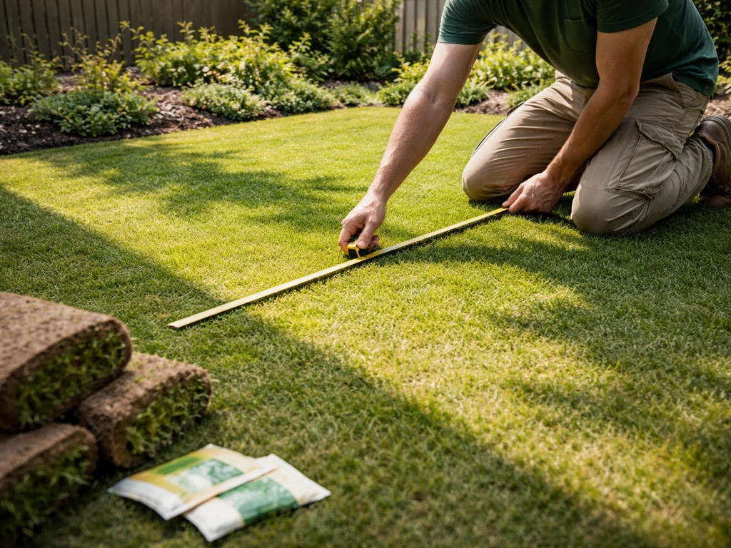 Tuinier meet met een meetlint zon-schaduw zones in de tuin op een zonnige dag