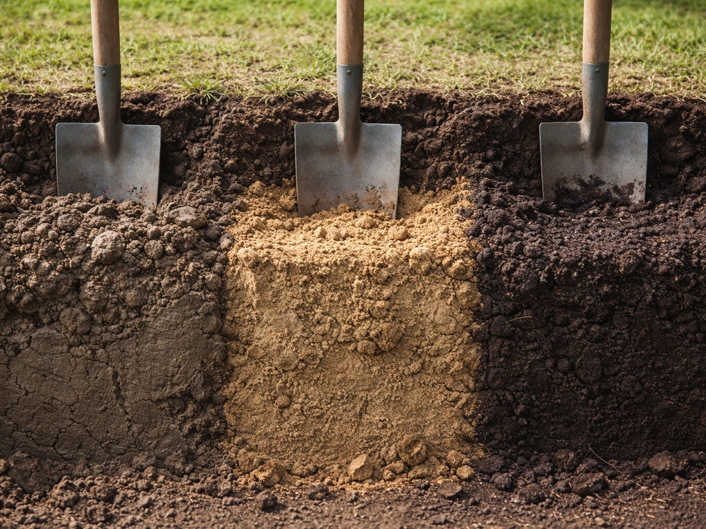 Spade die in drie bodemtypes steekt, met zichtbare doorsnede van klei, zand en een viltlaag voor drainage-check.