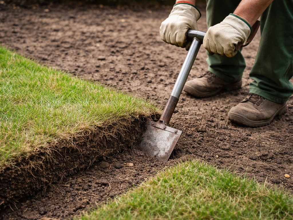 Tuinier steekt oude graszode af met zodensteker, oude grasmat en wortels zichtbaar op de grond