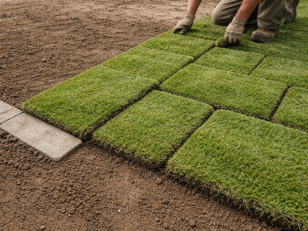 Tuinhoek met graszoden in strakke rijen, verspringende naden op voorbereide grond.