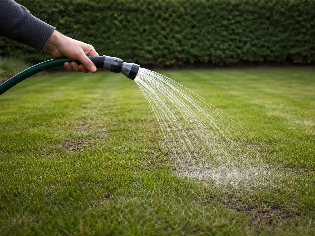 Hand met tuinslang geeft rustig water aan vers ingezaaid gras in een kleine voortuin