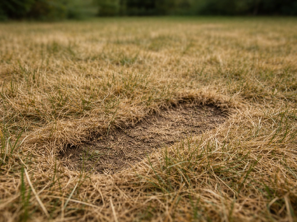 Bruin en slap gazon met gele pollen die niet terugveren na erover te lopen