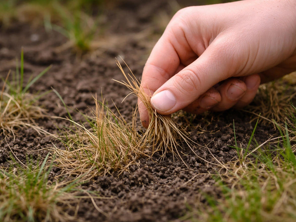 Iemand trekt voorzichtig aan verdorde grassprieten in een tuin om te testen of de wortels nog leven