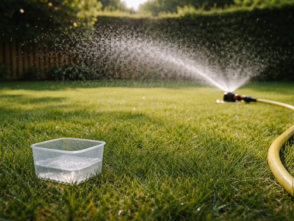 Gazonslang of kleine beregeningsinstallatie die water geeft bij zonsopkomst, met opvangbakje voor controle.