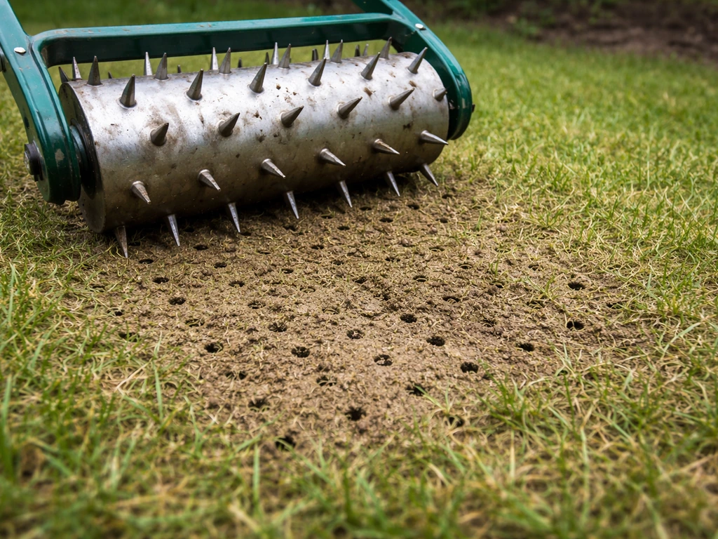 Close-up van verdichte graszoden met een prikrol die kleine gaatjes maakt in de bodem.