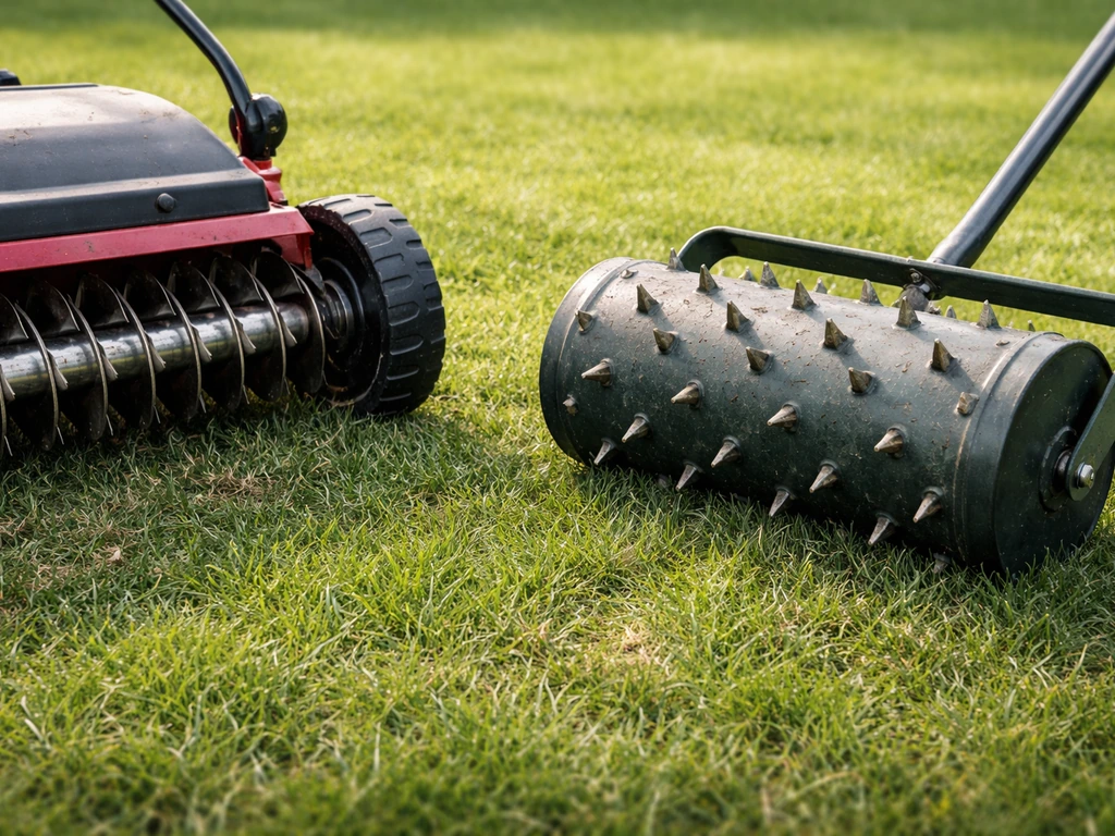 Verticuteermachine met snijmessen naast een handprikrol op een gazon, klaar voor onderhoud.