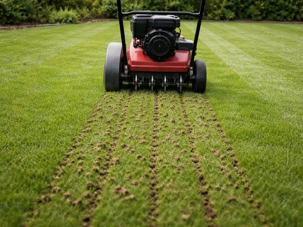 Kort gemaaid gazon van 3–4 cm met een beluchter die banen door het gras maakt.
