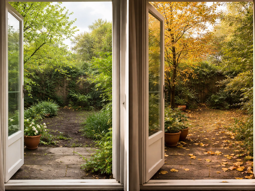 Twee foto’s naast elkaar: lentezon met natte grond en herfstlucht met droog zand bij een open raam.