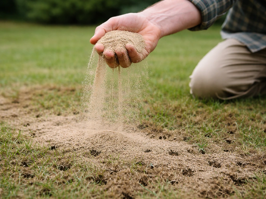 Hand die fijn zand strooit als topdressing na het verluchten van een gazon