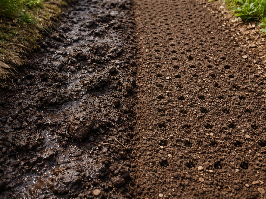 Links drassige, versmeerde bodem met sporen; rechts een nette beluchte strook met kleine gaatjes.