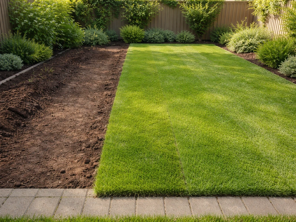 Links open gazonrand na herindeling, rechts opnieuw ingelegde grasmat in een nette tuin.