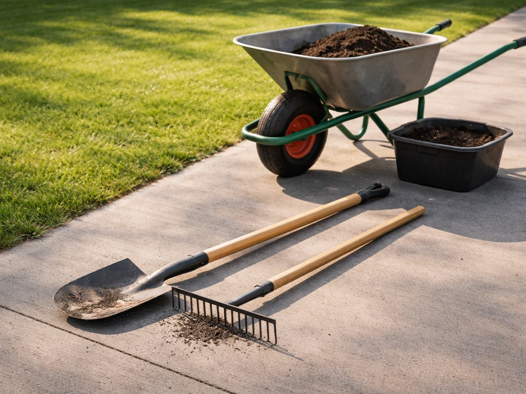 Gereedschap klaar voor graszoden: zodensnijder, tuinhark en kruiwagen met tuinaarde op een oprit bij het gazon.