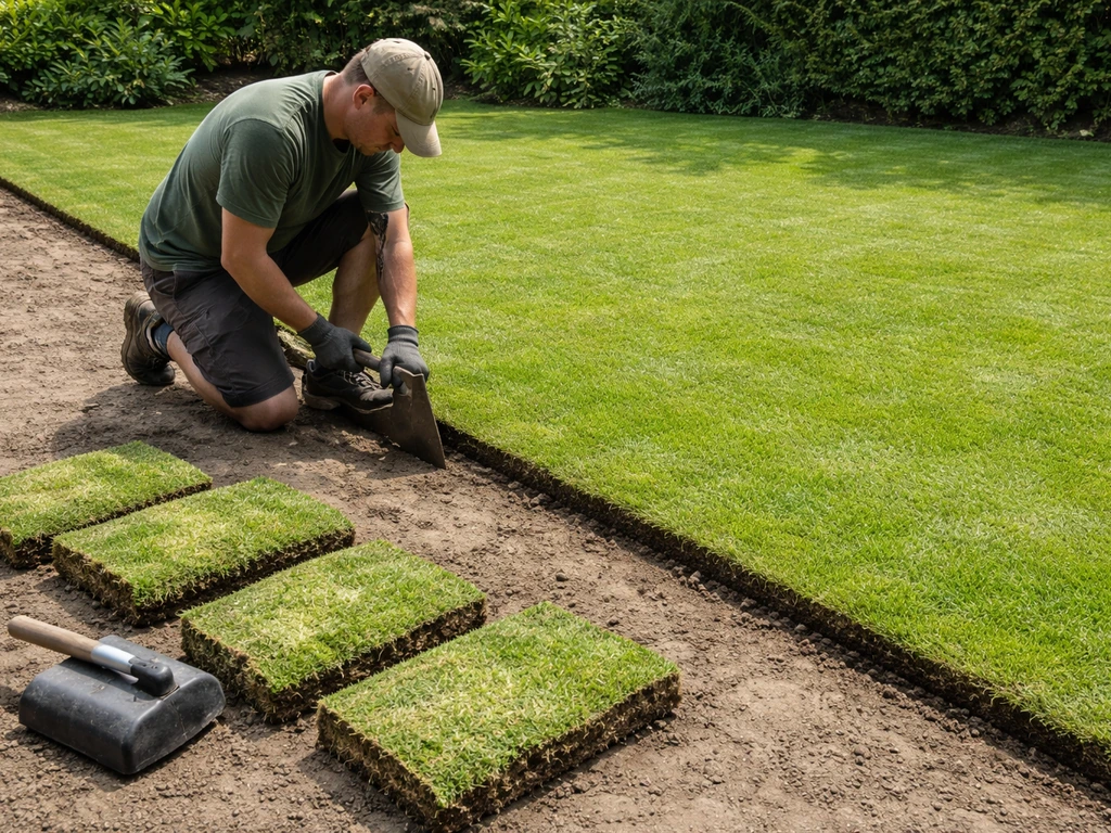 Tuinier steekt rechte randen af en snijdt grasmatten in stroken om ze opnieuw te leggen