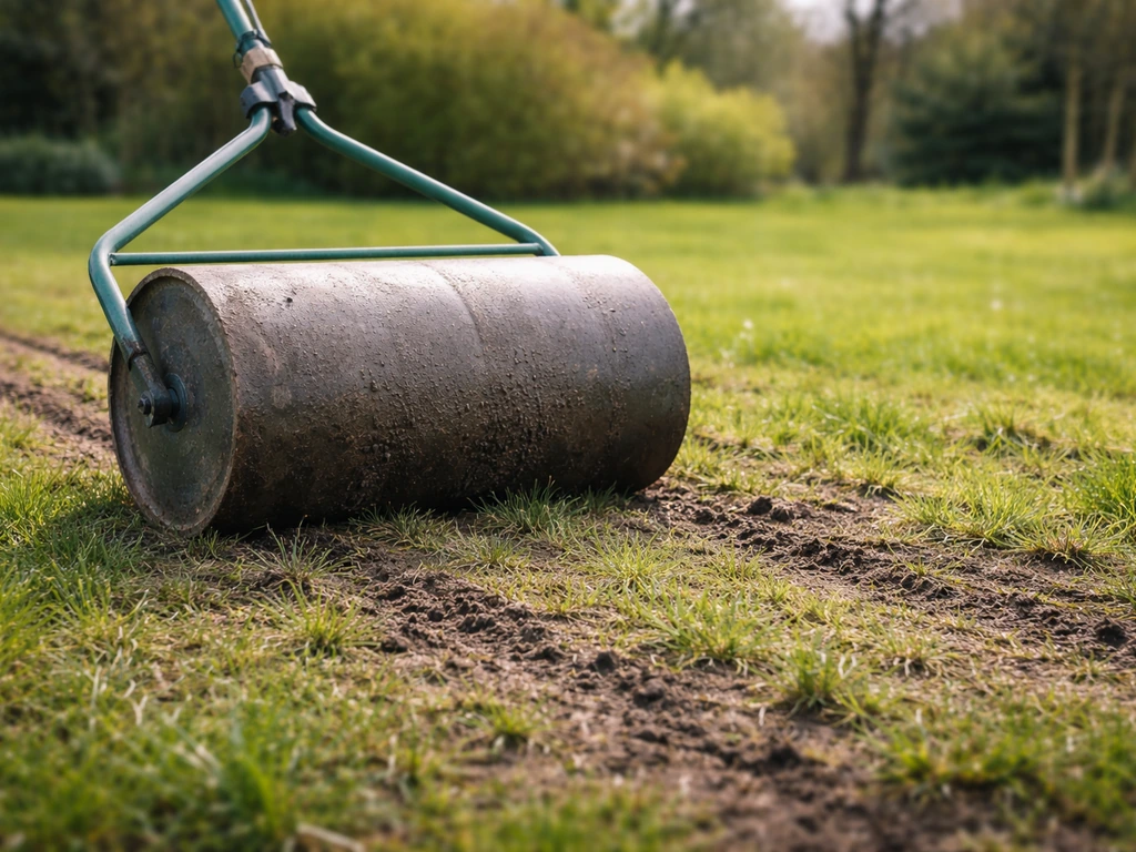 Gazonwals rolt over een hobbelig, net herstellend gazon in het vroege voorjaar.