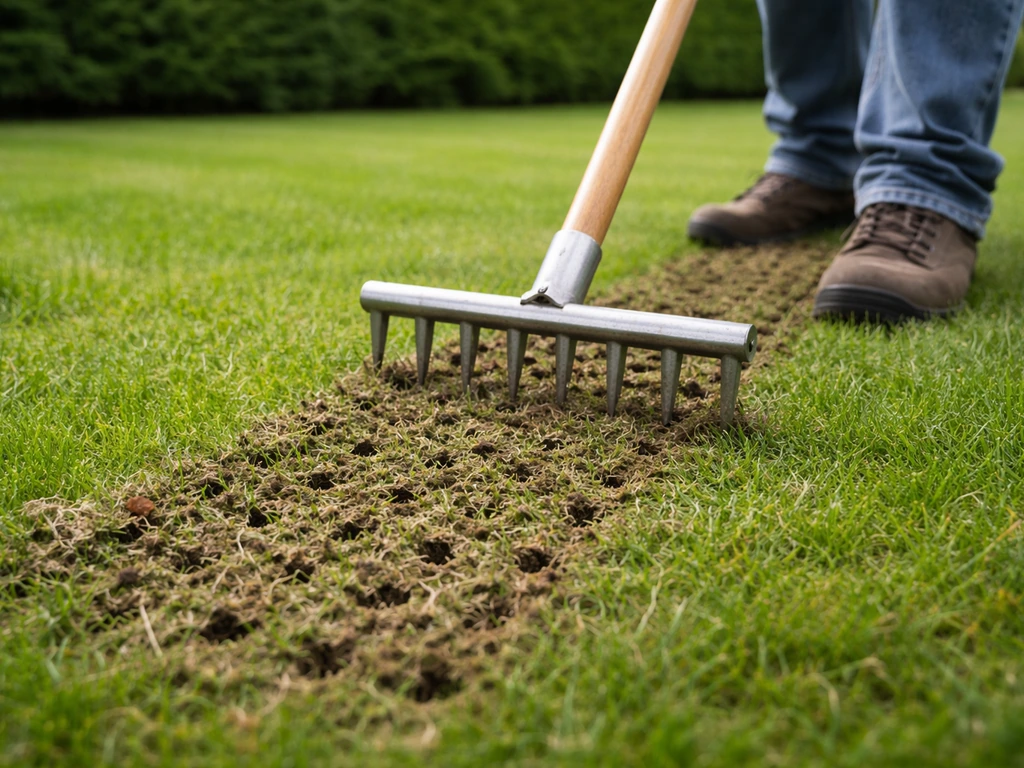Iemand belucht een gazon met een turfprikker/verticuteerhark; net ontstane gaatjes in het gras zijn zichtbaar.