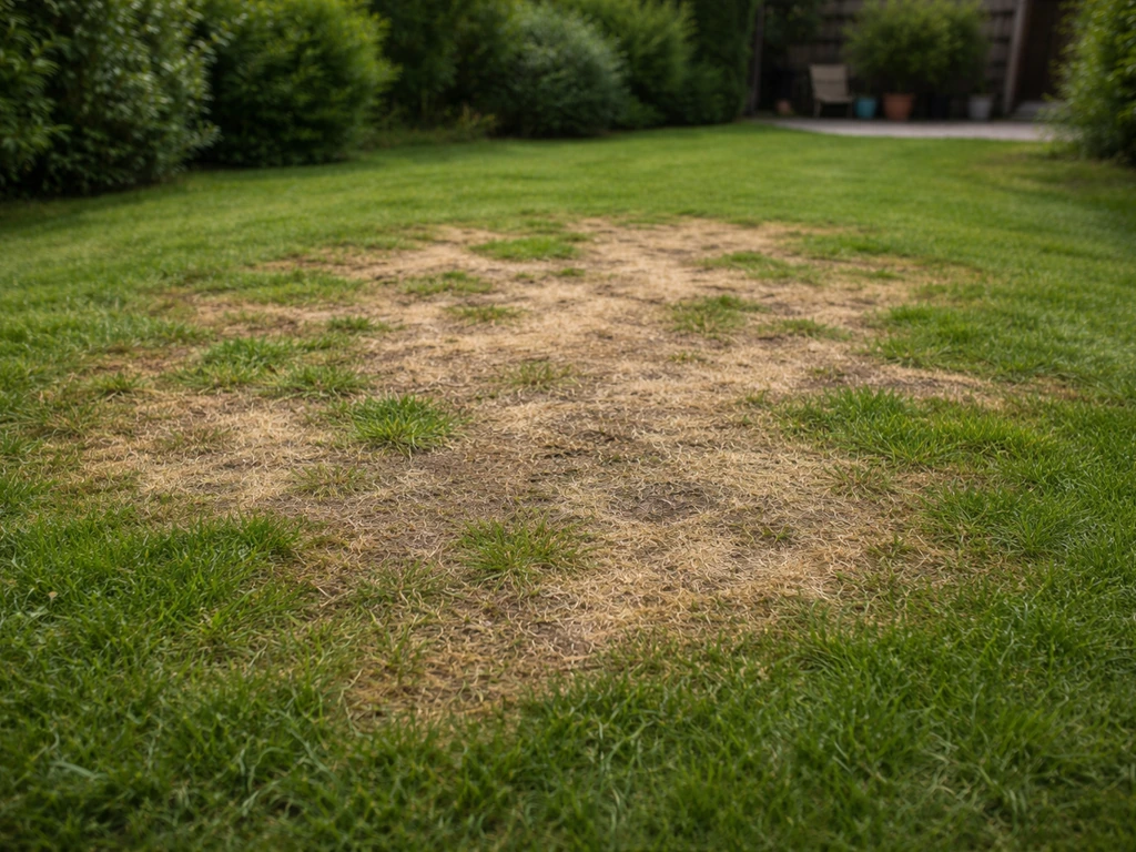 Kale en uitgedroogde plekken in een gazon met een nog groene rand, bij een tuin die mogelijk herinrichting vraagt.