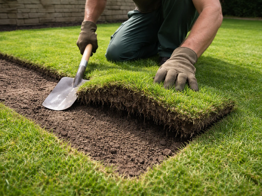 Close-up van net verwijderde grasplag met kale bodem en wortelresten in een tuin