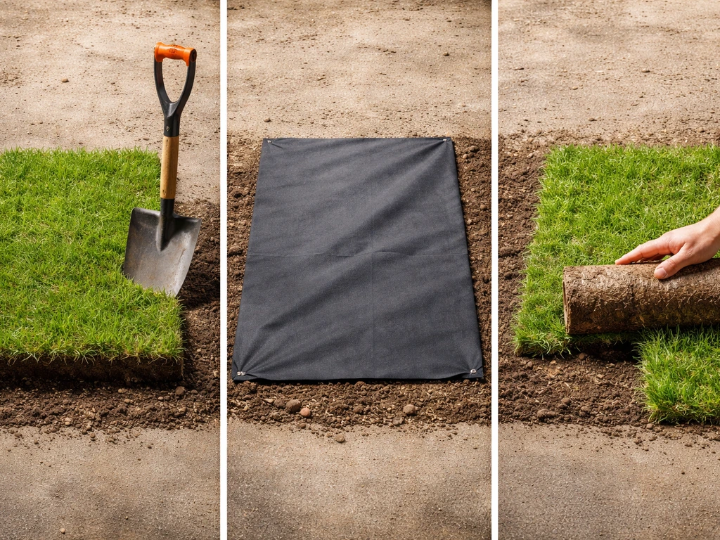 Drie tuinmethodes naast elkaar: zoden afsteken, grond afdekken met folie en kweekgras combineren op bodem.