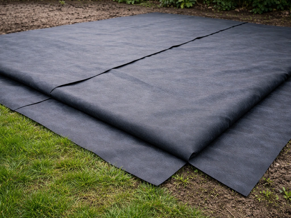 Donker afdekdoek met overlappingen strak over een grasmat, zodat licht niet kan doordringen.