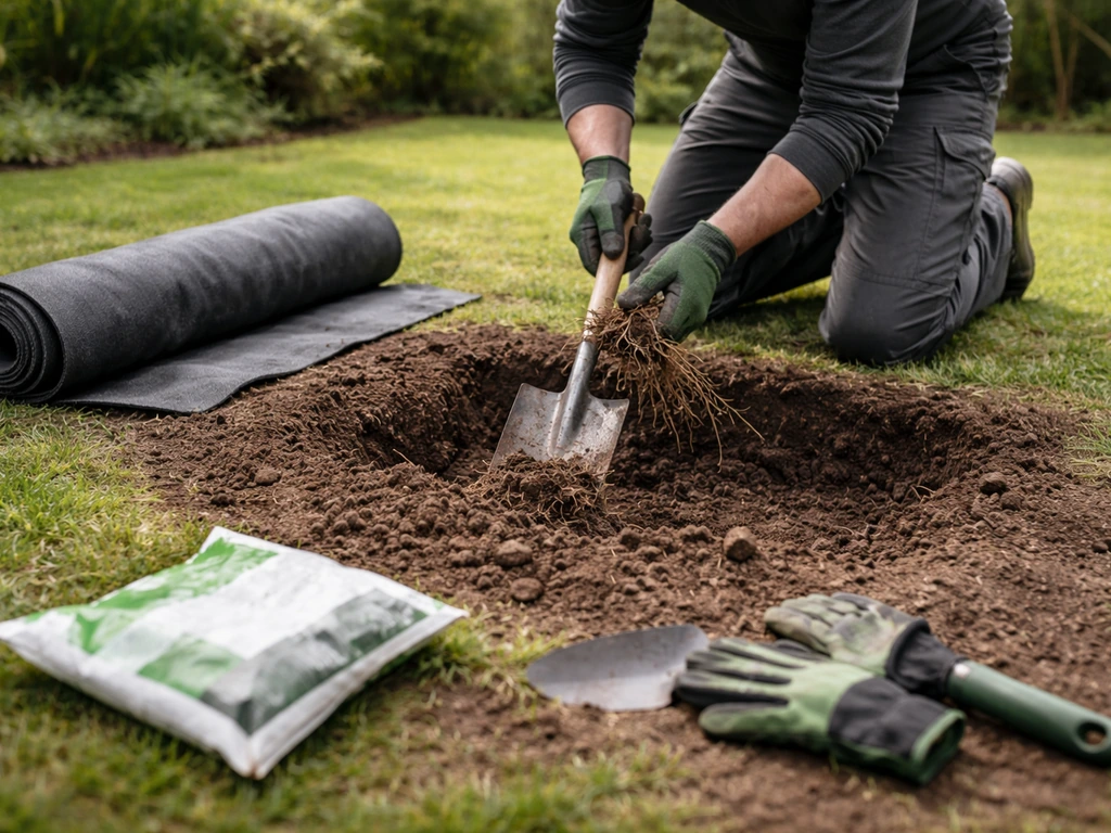 Tuinman die met een schep onkruid/wortelresten uitgraaft bij een afdekvlies—drie aanpakken in één simpele tuinsetting.