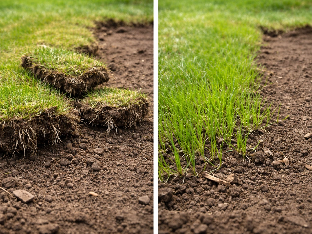 Collagefoto: links te ondiep afgestoken gras met wortels zichtbaar, rechts hergroei van jong gras op aarde.