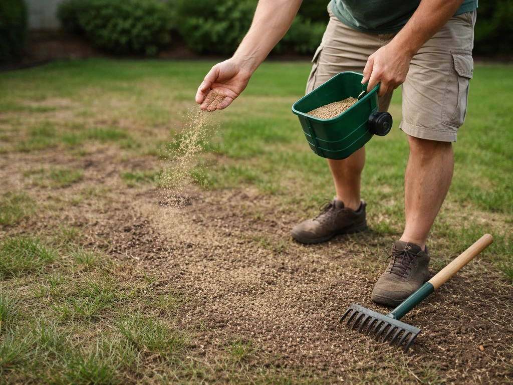 Iemand strooit graszaad op een kaal stuk gazon en werkt het licht in de grond
