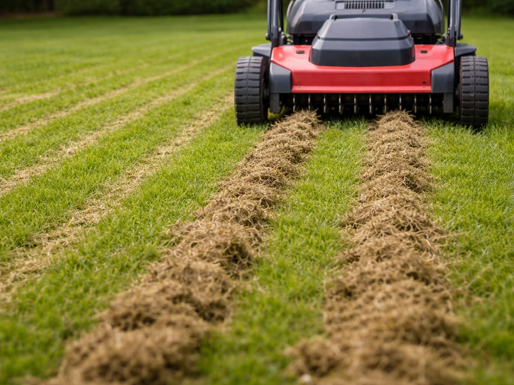Verticuteermachine snijdt vilt door en laat opengewerkte stroken met opgehaalde viltresten in het gazon zien.