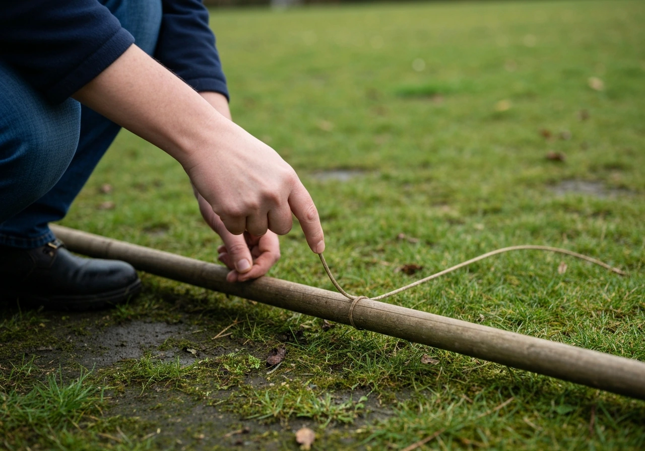 Handen meten een borderbreedte langs gras met tuinslang en krijt in een rustige tuin.
