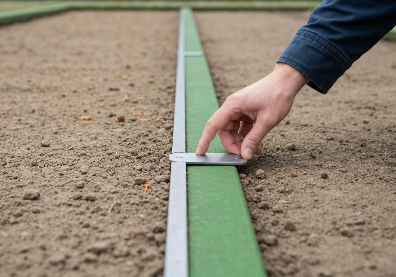 Hand plaatst een strakke gazonrand van kunststof tussen gras en border, met tuinslang als richtlijn.